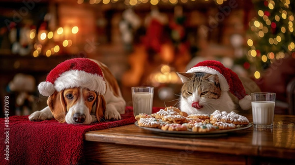 Obraz A festive beagle dog and tabby cat wearing Santa hats at a table with milk and cookies. Funny Christmas holiday scene with pets waiting for Santa.