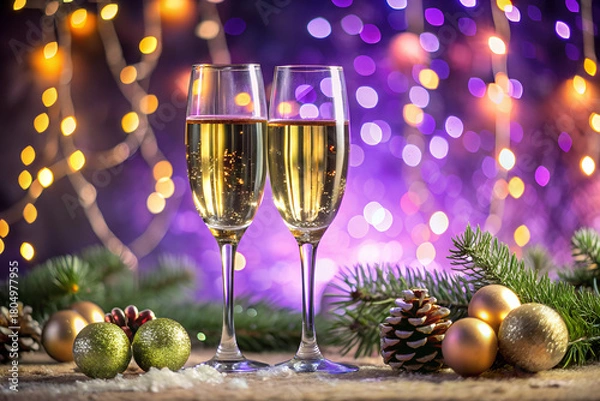 Obraz Glasses of champagne with Christmas decoration on bokeh violet lights background	