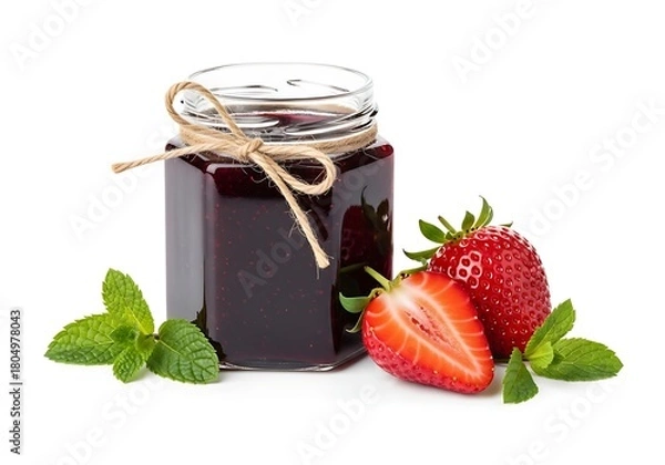 Fototapeta A jar of strawberry jam with fresh strawberries and mint leaves isolated on white background