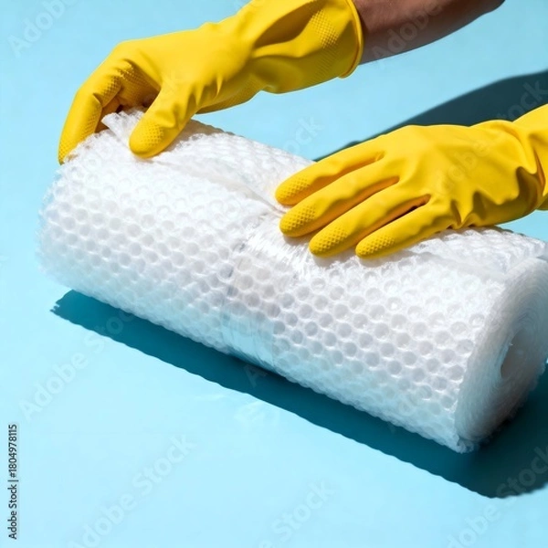 Fototapeta Hands Wrapping Fragile Item with Protective Foam