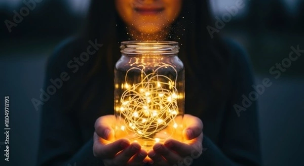 Fototapeta Person Holding a Jar Filled with Twinkling Fairy Lights and Glowing Orbs