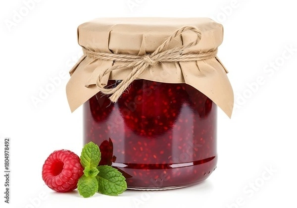 Fototapeta A jar of raspberry jam with fresh raspberries and mint leaves isolated on white background