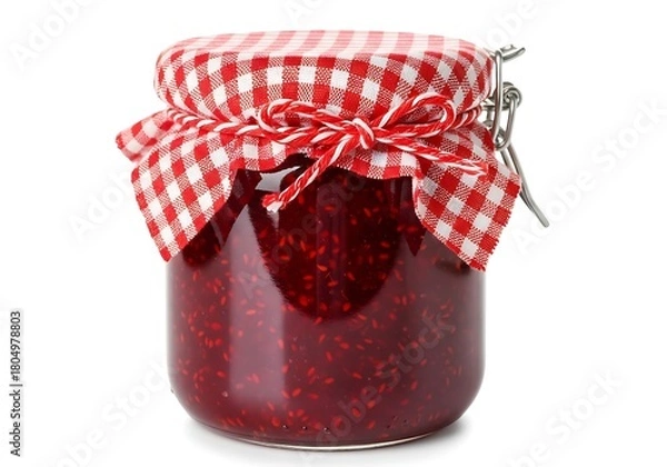 Fototapeta Homemade raspberry jam in a glass jar with a red and white checkered fabric lid, isolated on white background