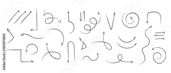 Fototapeta Set of hand drawn sketch arrow icon different shape line pointer for infographic element. Collection of direction symbols. Cursor Vector illustration