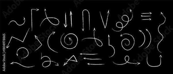 Fototapeta Hand drawn chalk effect arrow cursor collection on black background. Sketch style pointer direction sign. Doodle ink symbol vector isolated illustration