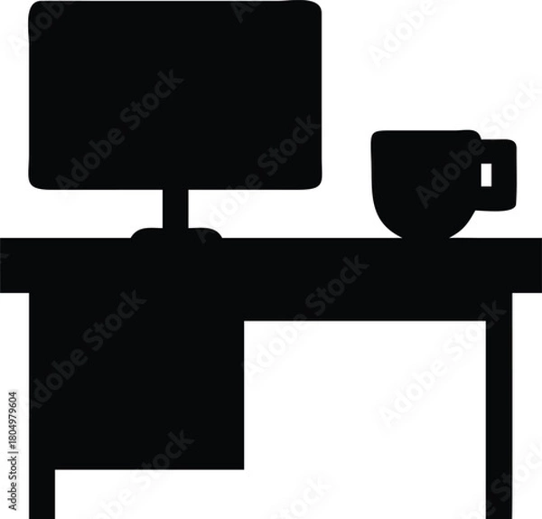 Fototapeta Silhouette of a desk with computer and coffee cup