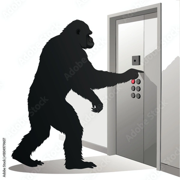 Fototapeta Silhouette gorilla pressing elevator button with red light