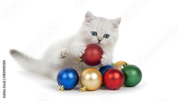 Fototapeta PNG of A playful kitten on a white isolated background and rolling colorful ornament balls of Christmas