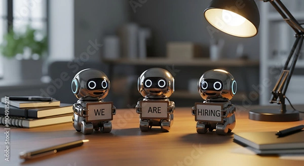Obraz Robots Hiring Concept – Futuristic Recruitment Copy Space Poster, robot hiring, futuristic recruitment, AI hiring, recruitment poster, hiring concept, copy space design, robot workforce, digital hire
