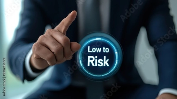 Fototapeta A business professional interacts with a digital display showing "Low to Risk," indicating a positive assessment of a decision or investment.