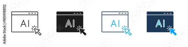 Fototapeta AI Browser Window With Cursor Line and Solid Icon Set. Artificial Intelligence Interface Click Symbol Collection. Isolated Vector Illustration