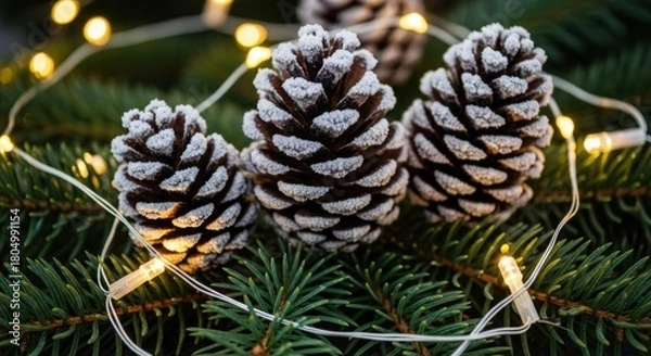 Fototapeta Frosted Pinecones and Warm Christmas Lights on Evergreen Branches