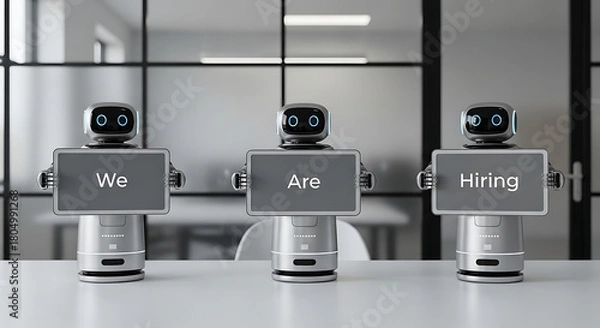 Obraz Robots Hiring Concept – Futuristic Recruitment Copy Space Poster, robot hiring, futuristic recruitment, AI hiring, recruitment poster, hiring concept, copy space design, robot workforce, digital hire
