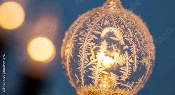 Fototapeta Winter frost illuminates an old light bulb with warm yellow light