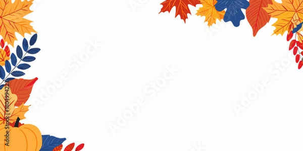 Fototapeta Autumn leaves and pumpkin border with white background for text and design
