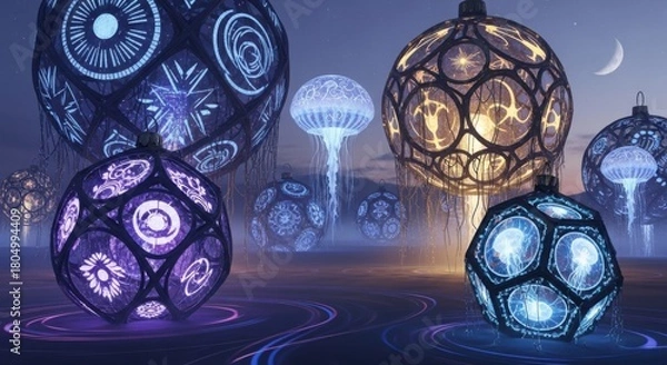 Fototapeta Mysterious Orb Lanterns Illuminate Ethereal Night Landscape