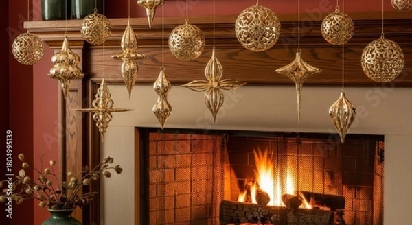Obraz Elegant Gold Christmas Ornaments Dangle Above Warm Fireplace Hearth