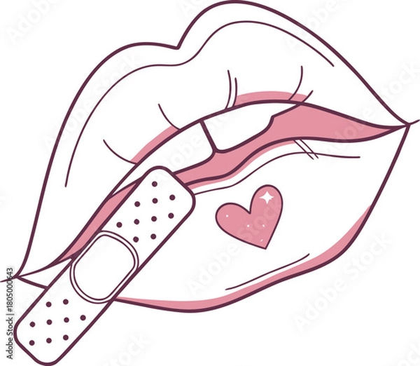Fototapeta Lips with bandage and heart vector illustration.