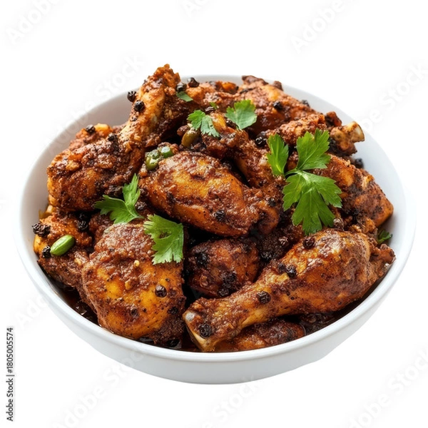 Obraz A bowl filled with saucy chicken wings, complemented by fresh green leaves, isolated on transparent background