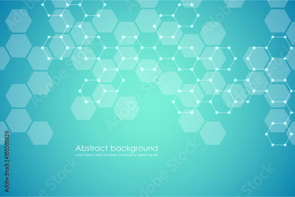 Obraz Abstract hexagonal molecule background, genetic and chemical compounds system. Geometric graphics and connected lines with dots. Scientific and technological concept, vector illustration