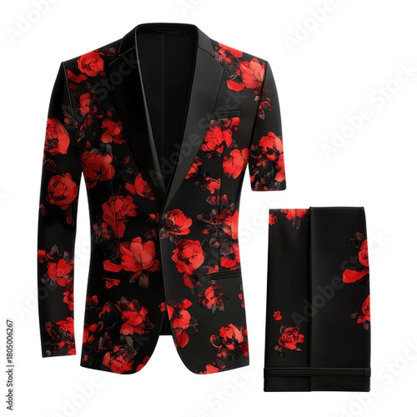 Obraz A black and red floral suit with a matching black shirt and pants, presenting a sophisticated and modern look, isolated on transparent background