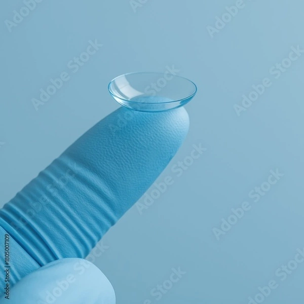 Fototapeta Transparent contact lens on gloved finger with clean blue medical background, eye care close-up