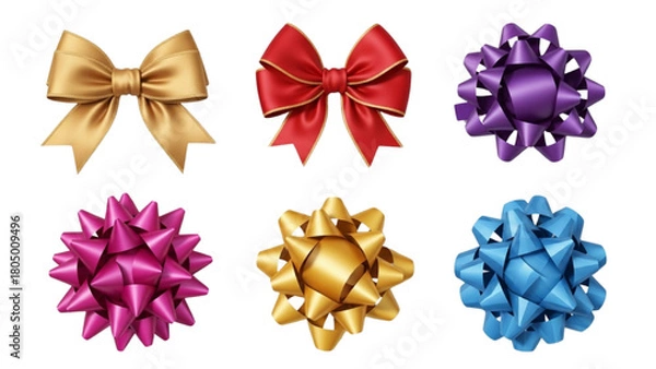 Obraz Colorful Decorative Gift Bows in Various Styles on White Background – High-Angle Studio Shot