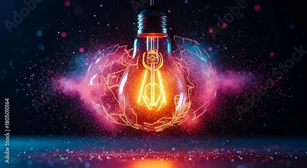 Fototapeta Glowing incandescent light bulb exploding with pink and blue energy particles idea