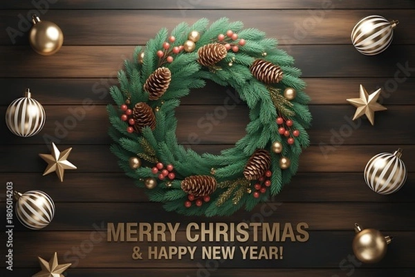Fototapeta Festive christmas wreath with ornaments and pine cones on a rustic wooden background