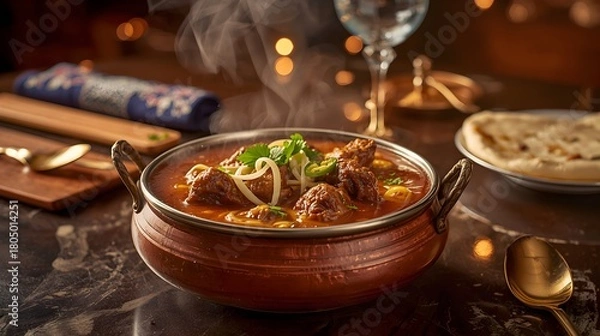 Fototapeta A steaming Indian curry served in an ornate copper handi, garnished with herbs and sliced onions, set on a luxurious table with naan and festive décor in the background.

