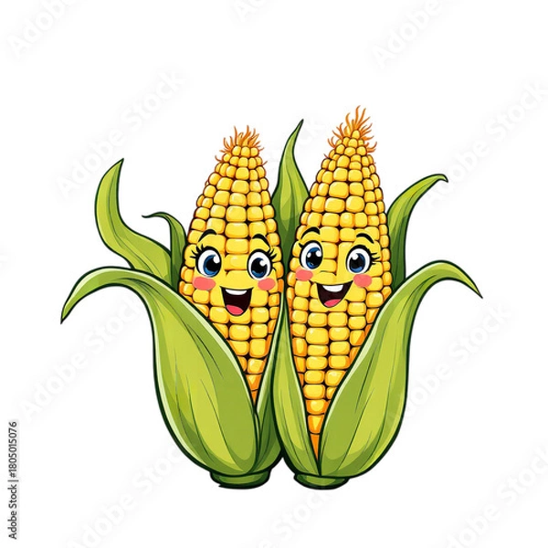 Fototapeta Two happy corn cobs with big eyes and smiles isolated on transparent background, a cute cartoon illustration