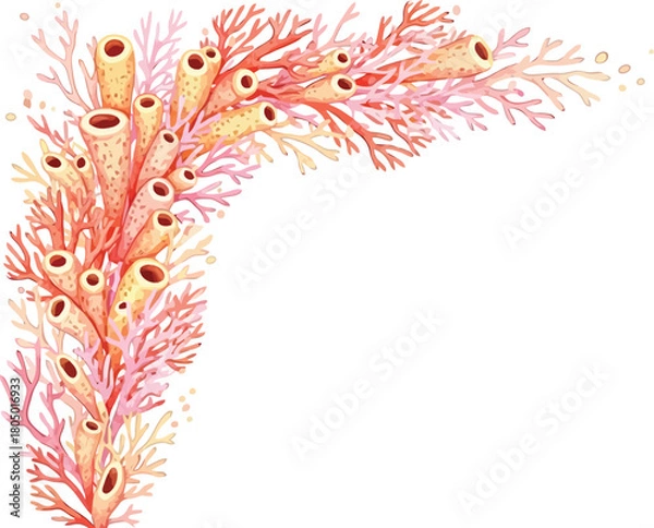 Fototapeta Delicate watercolor illustration of coral reef elements forming a decorative corner element with white background