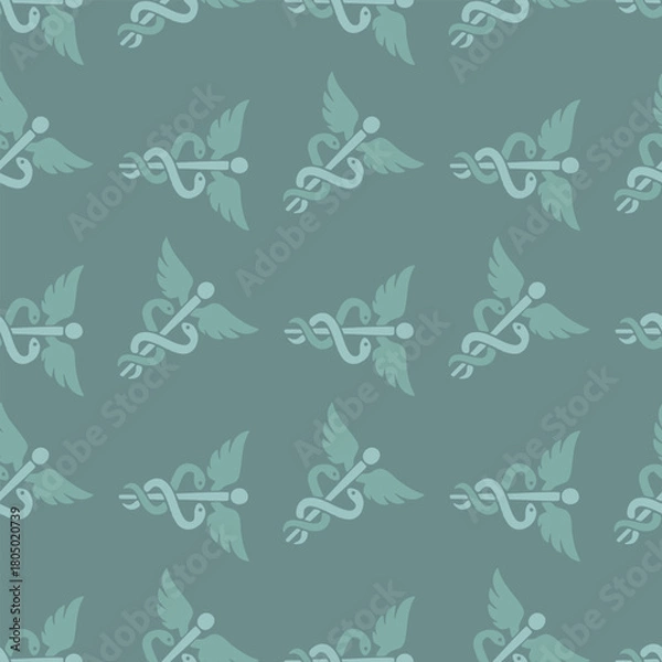 Fototapeta Seamless medical background with winged caduceus symbols in a soft blue palette