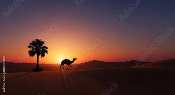 Fototapeta Camel and palm tree silhouette walking in desert at sunset