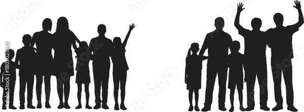 Fototapeta Black silhouette vector collection of large happy family groups including adults and children standing together and cheering design.