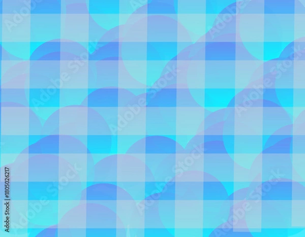 Fototapeta A complex abstract background featuring a seamless pattern of overlapping translucent circles in various shades of blue and purple, overlaid with a bright blue and cyan plaid or grid pattern.