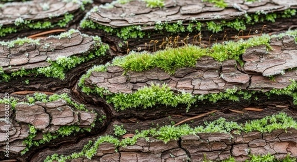 Fototapeta Close up of tree bark with moss growing on it