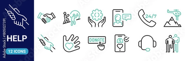 Fototapeta Help line icon set. Containing information, teamwork, charity, customer service, volunteer, solidarity, call center, interview, partnership, care, support, question and answer, friendship, cooperation