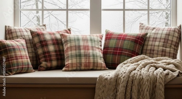 Fototapeta Comfortable window seat with plaid pillows and a knitted throw blanket