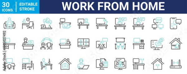 Fototapeta Work from home web line icons. freelance, collaboration, remote work. Vector illustration