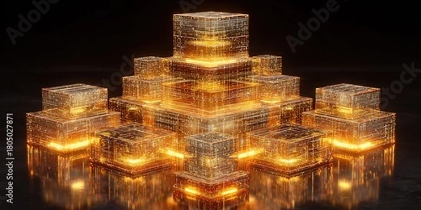 Fototapeta Golden geometric structure illuminated against a dark background showcases intricate patterns and light reflections