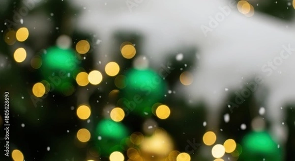 Fototapeta Close up of green and gold christmas ornaments with bokeh and snow effect