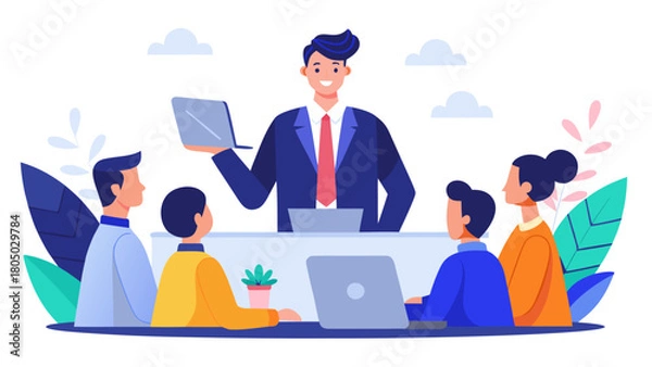 Obraz Smiling businessman presenting a laptop to a diverse team of colleagues in a modern office setting