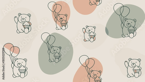Obraz Watercolor seamless pattern, teddy bears with balloons and cupcakes, white background