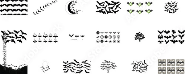 Fototapeta Bat silhouettes flying moon crescent and trees bats