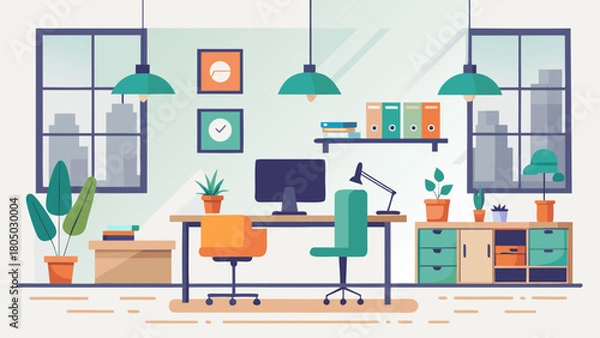 Obraz Modern flat design illustration of a home office with a desk computer chairs plants and city view