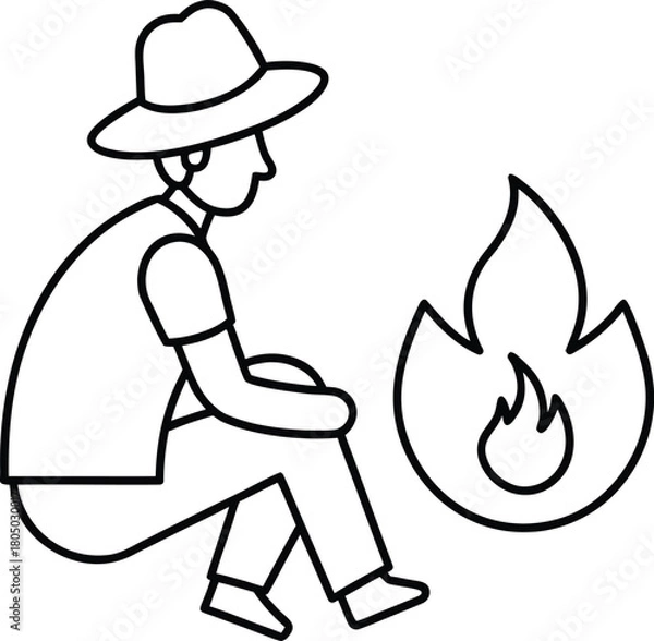 Fototapeta Traveler Sitting by Campfire Minimal Line Art Outline Design
