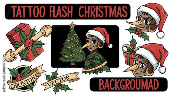 Fototapeta Embrace festive spirit with charming Christmas tattoo flash designs featuring holly, presents, and a whimsical Santa character perfect for seasonal projects.