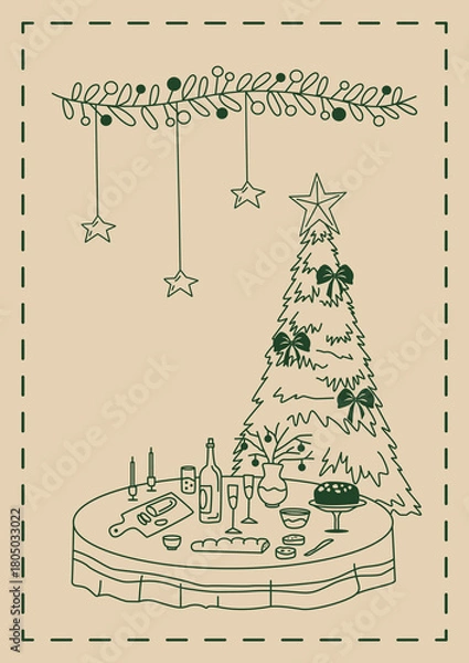 Fototapeta Vector greeting card with table, garland, stars and Christmas tree in doodle style. Holiday dinner with bottle, glass, food, vase in green color.