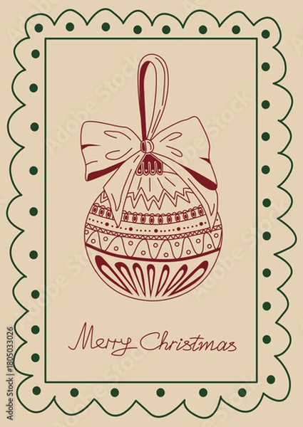 Fototapeta Holiday card featuring illustration of Christmas ball bow in whimsical wavy frame. Hand drawn greeting card in doodle style.